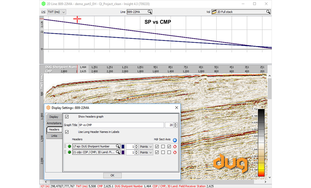 Seismic traces include a wealth of information in their headers. DUG Insight’s section views can display any value from the trace headers as a graph
